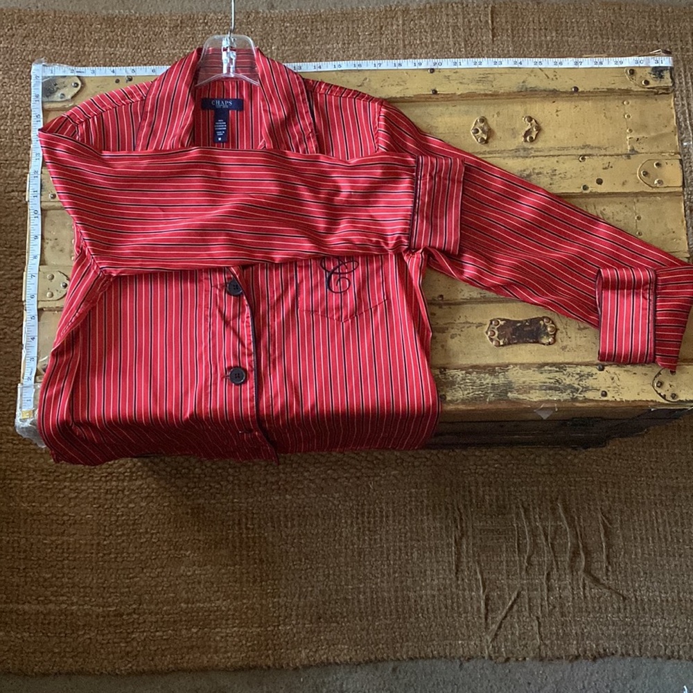 RALPH LAUREN CHAPS RED STRIPE SILKY LS BUTTON DOWN TOP DRAWSTRING PJ PANTS SET M - Picture 13 of 17